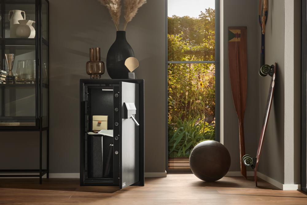 Luxury home interior with Burg-Wächter safe integrated for secure storage of valuables
