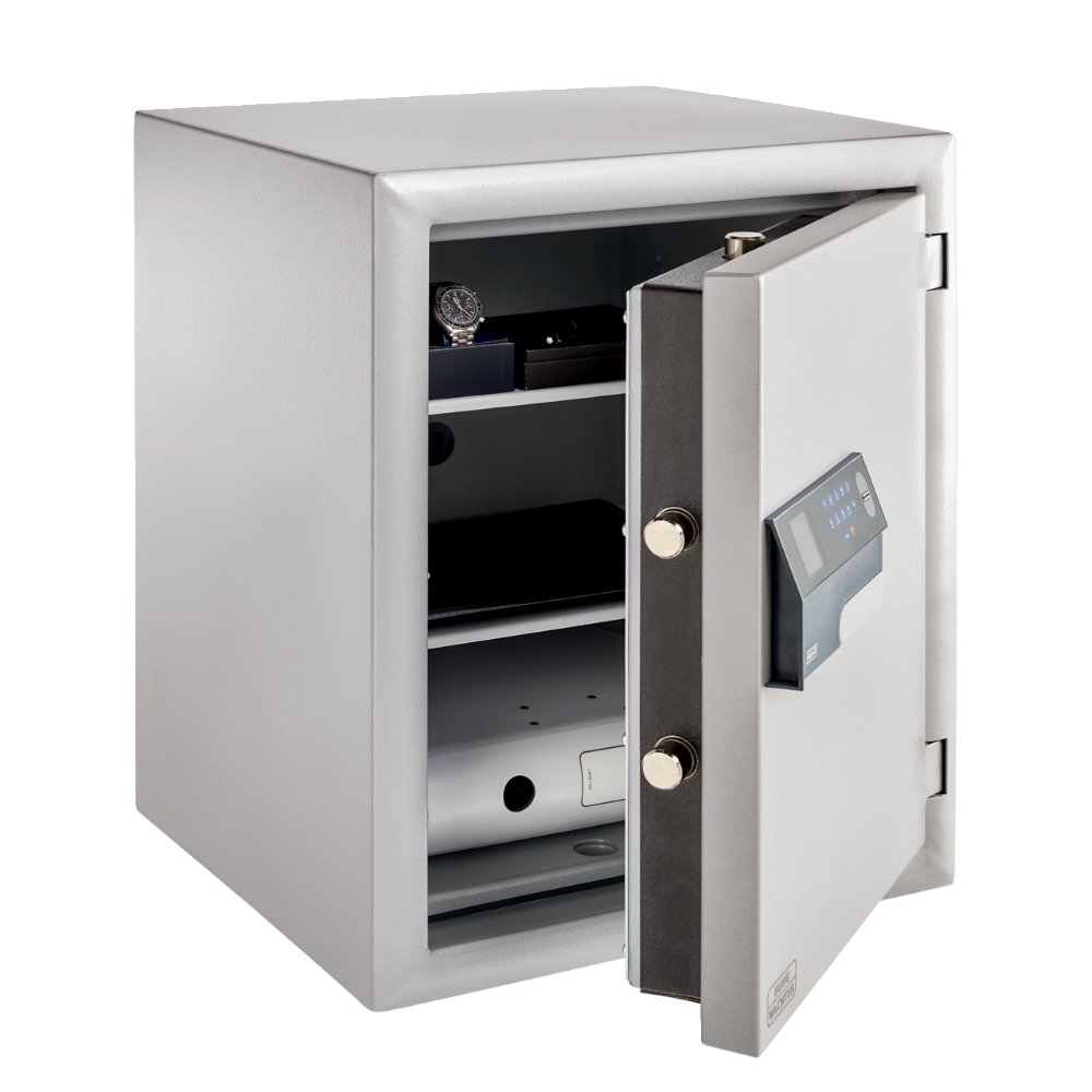 Burg-Wächter Diplomat safe with electronic keypad open showing interior storage